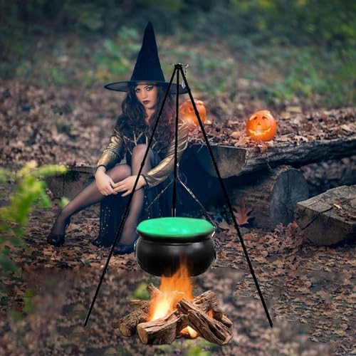 Halloween Cauldron with Tripod Stand, Black Weather-Resistant Plastic Bowl, Plastic Bowl Candy Bucket Decoration, Idea for Halloween Party, Indoor Outdoor Home (Black)
