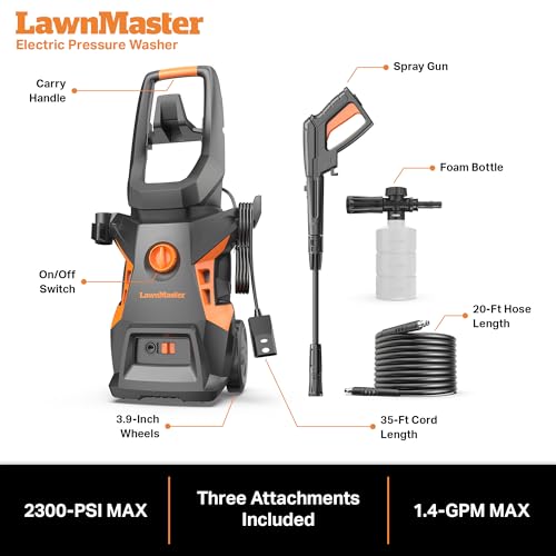 LawnMaster LT506-2000A Electric Pressure Washer 13 Amp 1.4 GPM 2300 Max PSI with Foam Bottle CSA Certified