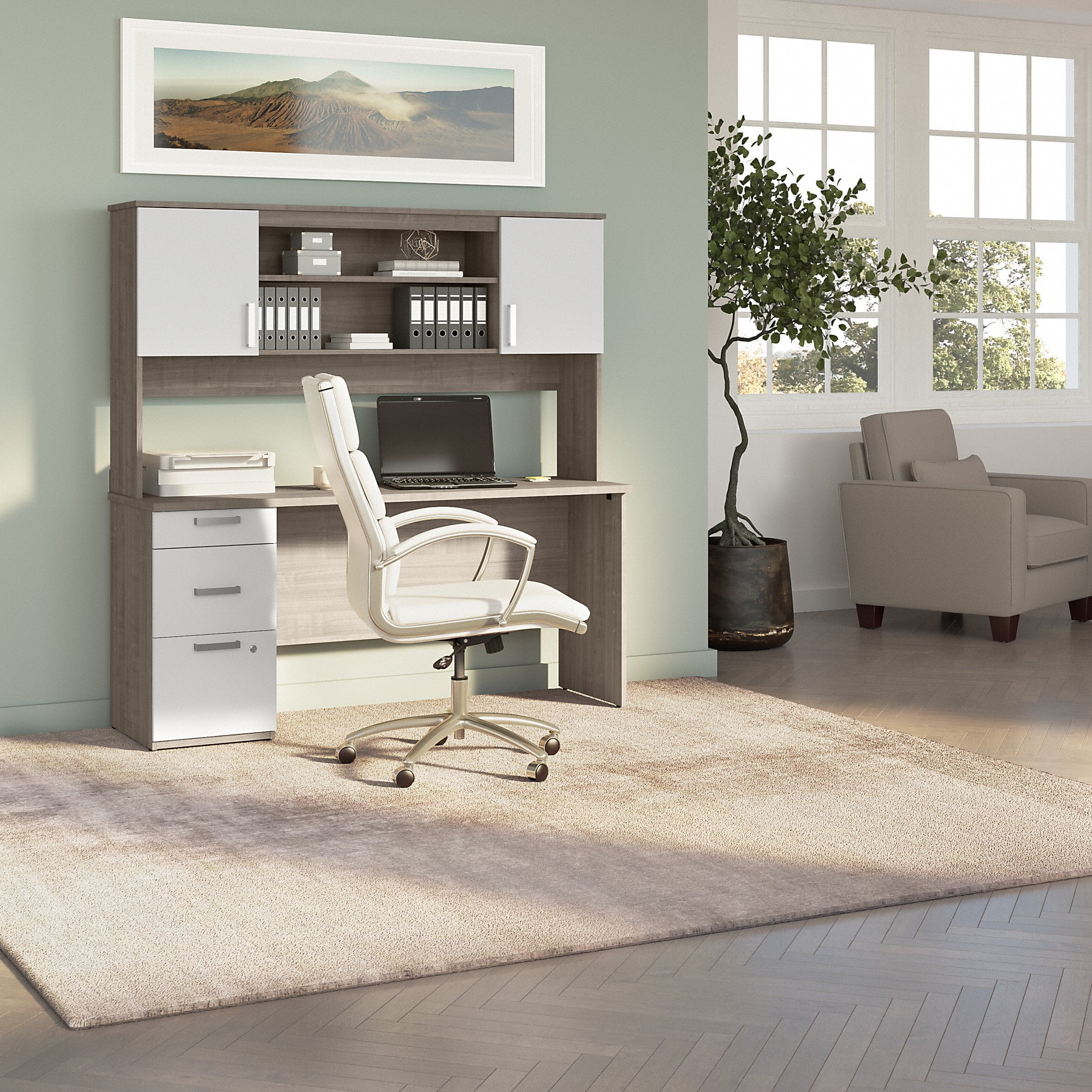 Bestar Ridgeley Engineered Wood Computer Desk with Hutch in Silver Maple/White
