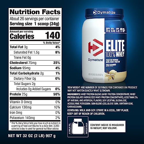 Dymatize Elite 100% Whey Protein Powder, Vanilla, 25g of Protein, 5.5g BCAAs, Less Than 140 Cal., Gluten Free, 2g Carb, 2g Sugar, 3g Fat (67 Servings)