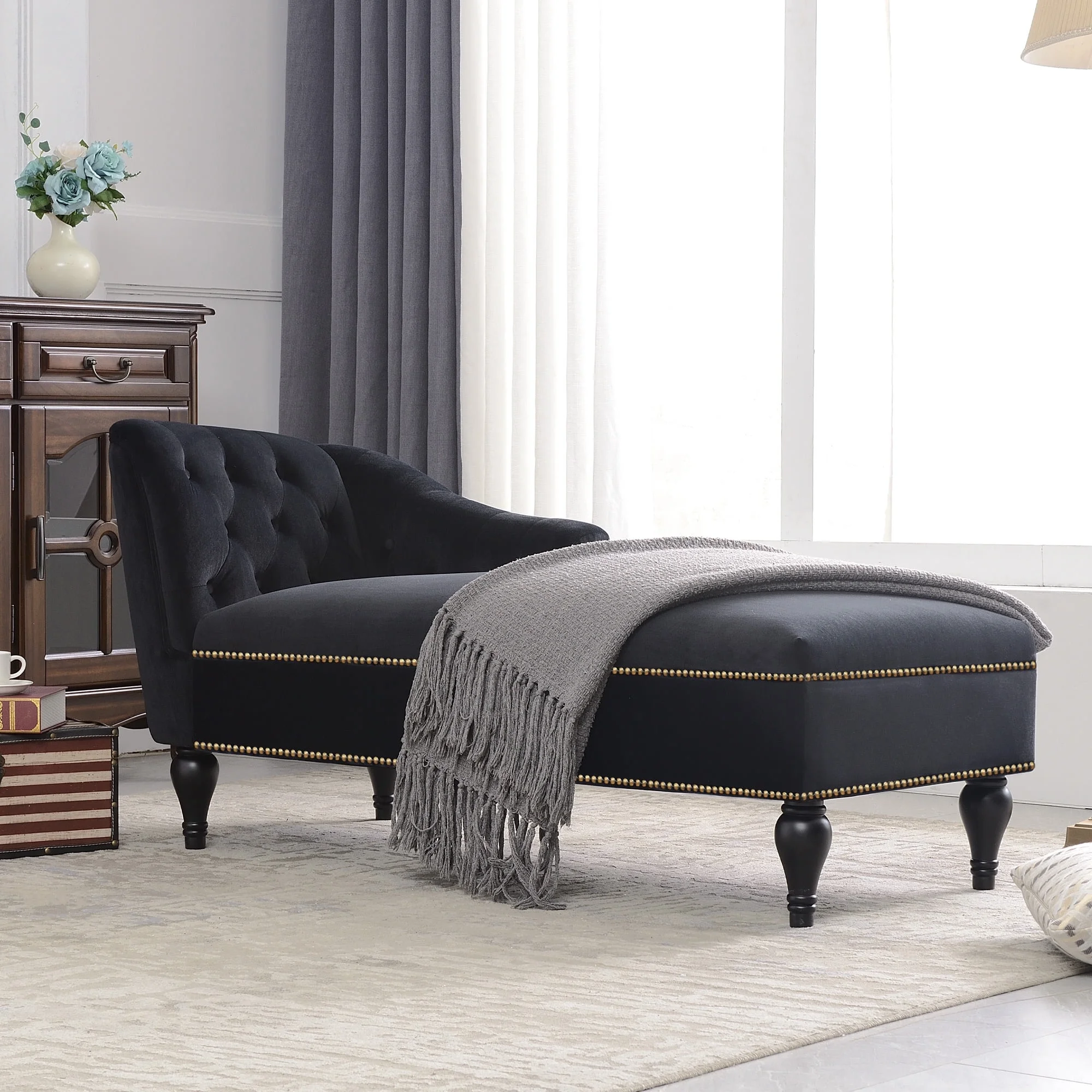 Bellemave Velvet Chaise Lounge, Button Tufted Right Arm Facing Lounge Chair with Nailhead Trim & Solid Wood Legs, Sleeper Lounge Sofa (Black)