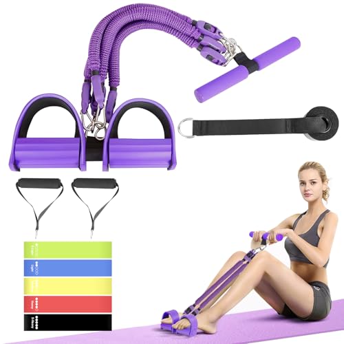 2025 Upgrade Pedal Resistance Band, 4-Tube Elastic Sit Up Pull Rope for Men and Women, Pedal Puller for Strength Training, Foot Resistance Rope for Physical Therapy, with 5Pcs Exercise Bands
