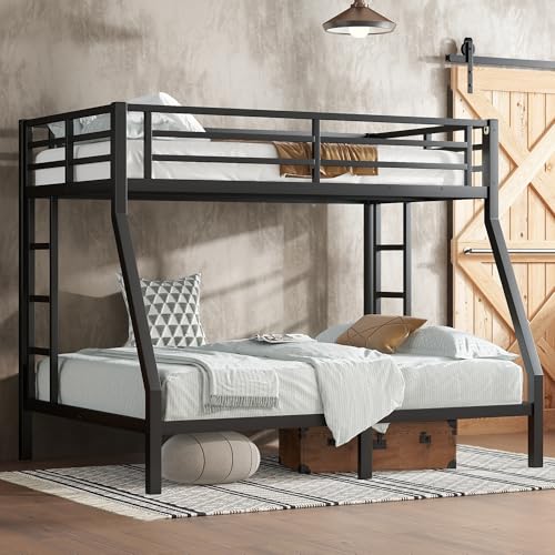 Heavy Duty Bunk Bed Frame with Ladder, Twin XL Over Twin XL Bunk Beds with Safety Guardrails, Adults Bunk Beds with Noise-Reducing Rubber Stoppers, Easy Assemble, Black