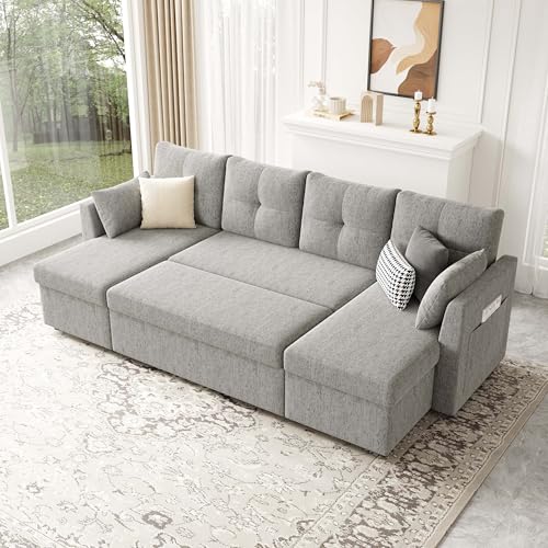 Oversized Sleeper Sofa Couch, 110 inch 2 in 1 Pullout Couch Bed with Double Storage Chaise, Sectional Sleeper Sofa Bed with Side Pocket for Living Room, Dark Grey