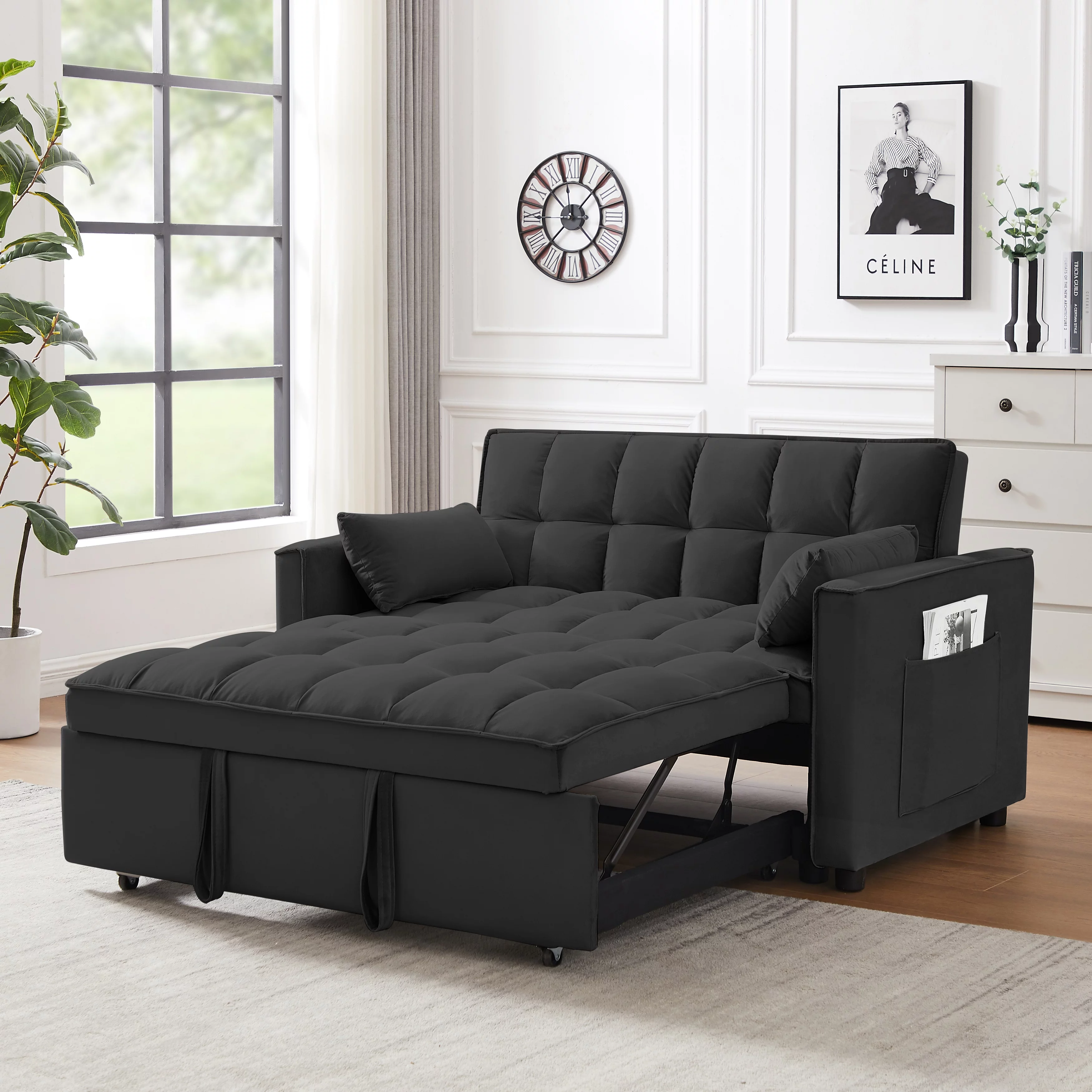 Hombay Modern Velvet Pull Out Convertible Sofa Bed, Upholstered Folding Sleeper Couch Loveseat with Reclining Backrest Pillows for Living Room Bedroom