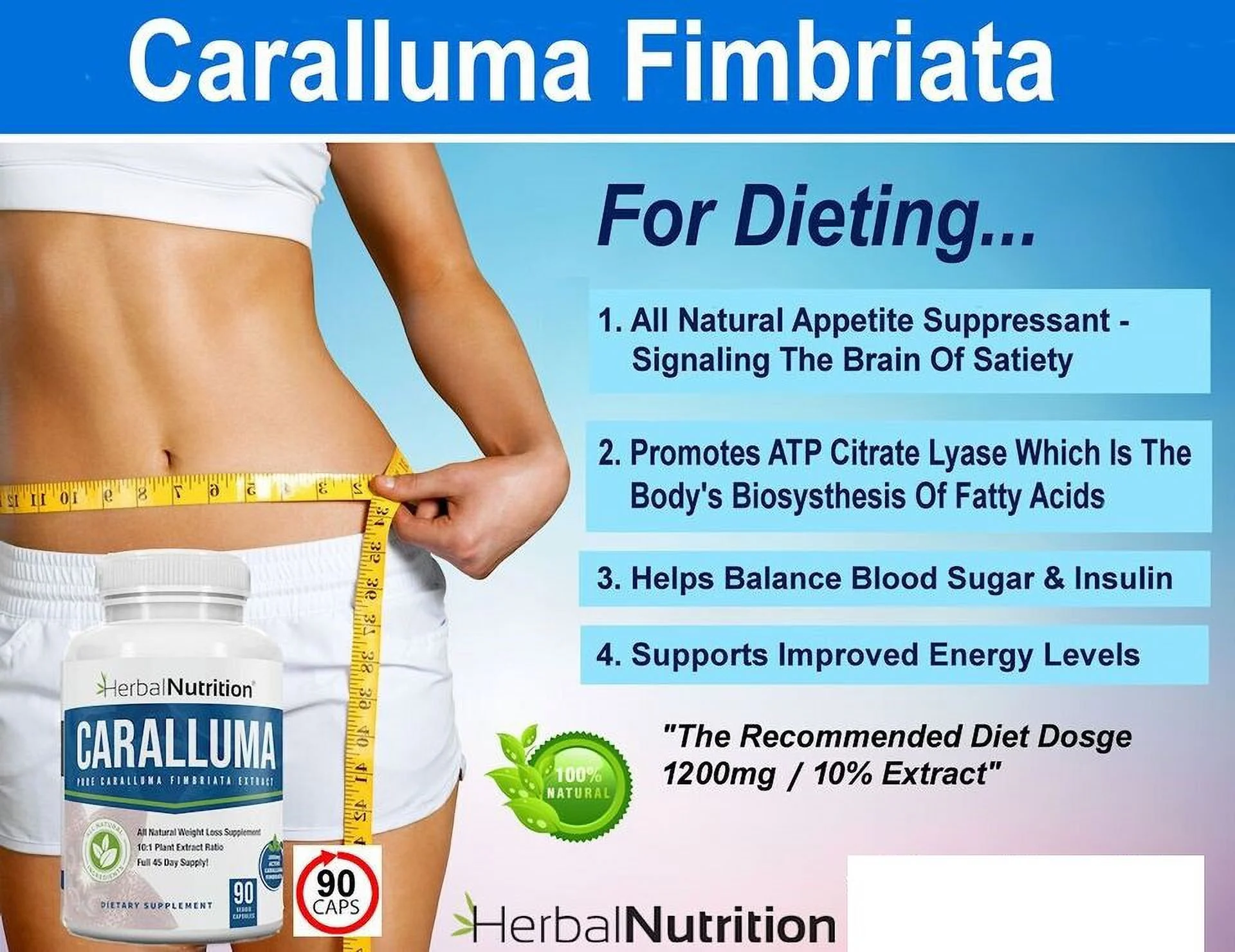 Best Caralluma Fimbriata Weight Loss Supplement 1200mg 10:1 Fat Burner Pill - 90 Capsules
