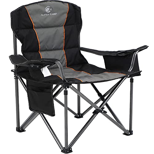 ALPHA CAMP Oversized Camping Folding Chair, Heavy Duty Support 450 LBS Steel Frame Collapsible Padded Arm Chair with Cup Holder Quad Lumbar Back, Portable for Outdoor