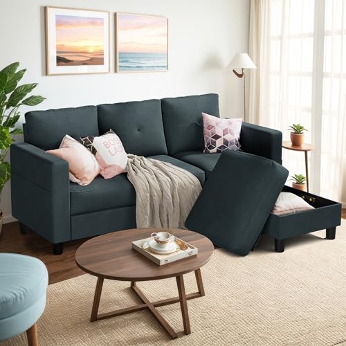 Shintenchi Upholstered Convertible Sectional Sofa for Living Room, 3 Seat L Shaped Couches with Storage Function Ottoman, Modern Linen Convertible Sofas with Reversible Chaise