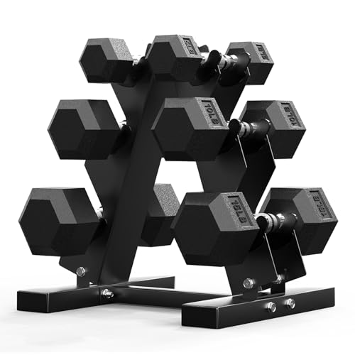 PAPABABE Hex Dumbbell Sets with Rack, 60-550lb Rubber Coated Dumbbell Weight Set and Storage Rack, Multiple Options Hand Weights for Strength Training