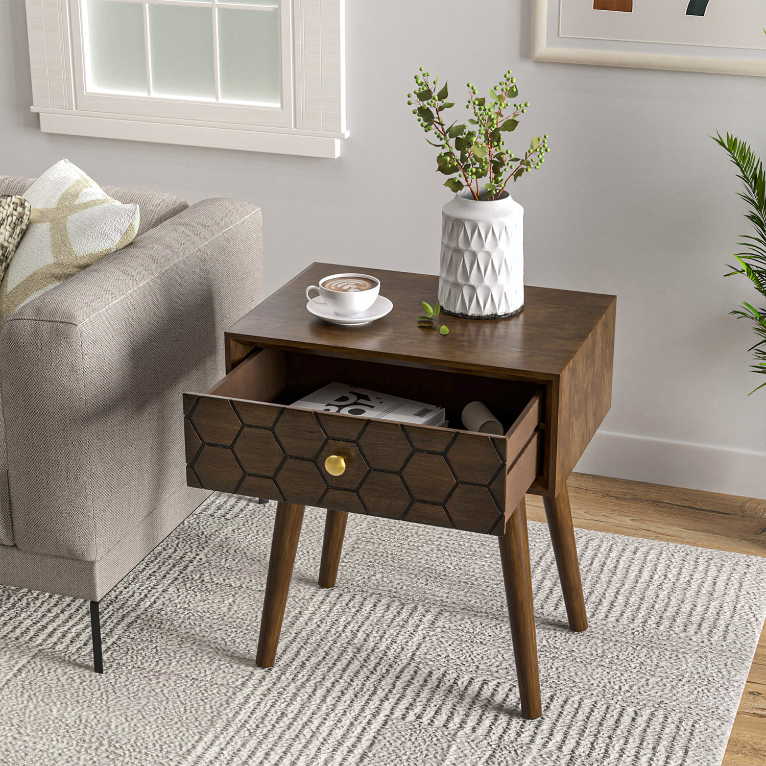 COSIEST Mid-Century Nightstand Brown Modern MDF Bedside Table Wood Accent End Table with Drawer
