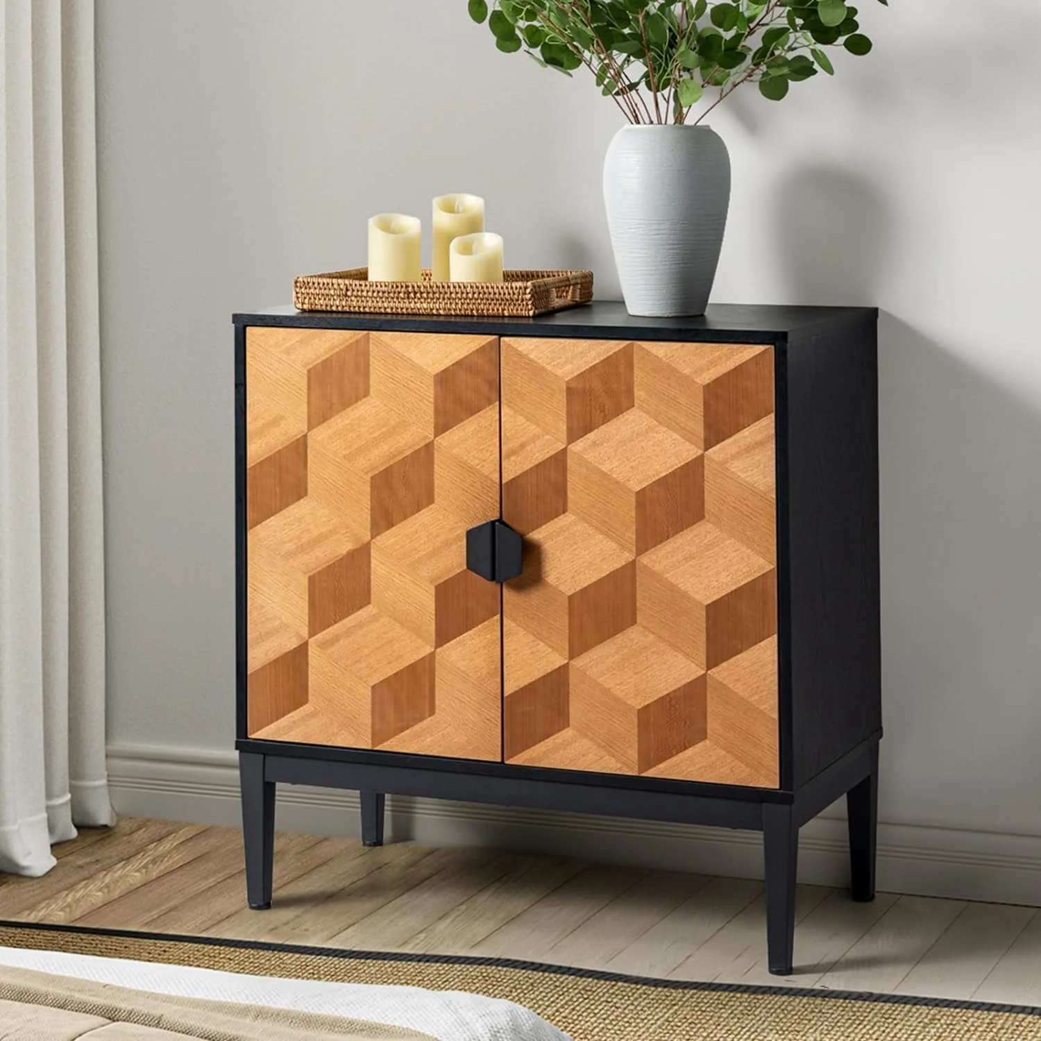 Accent Storage Cabinet With Natural Wood Legs, 2-Tier Shelf Sideboard Buffet Cabinet, Cupboard Console Table, Black