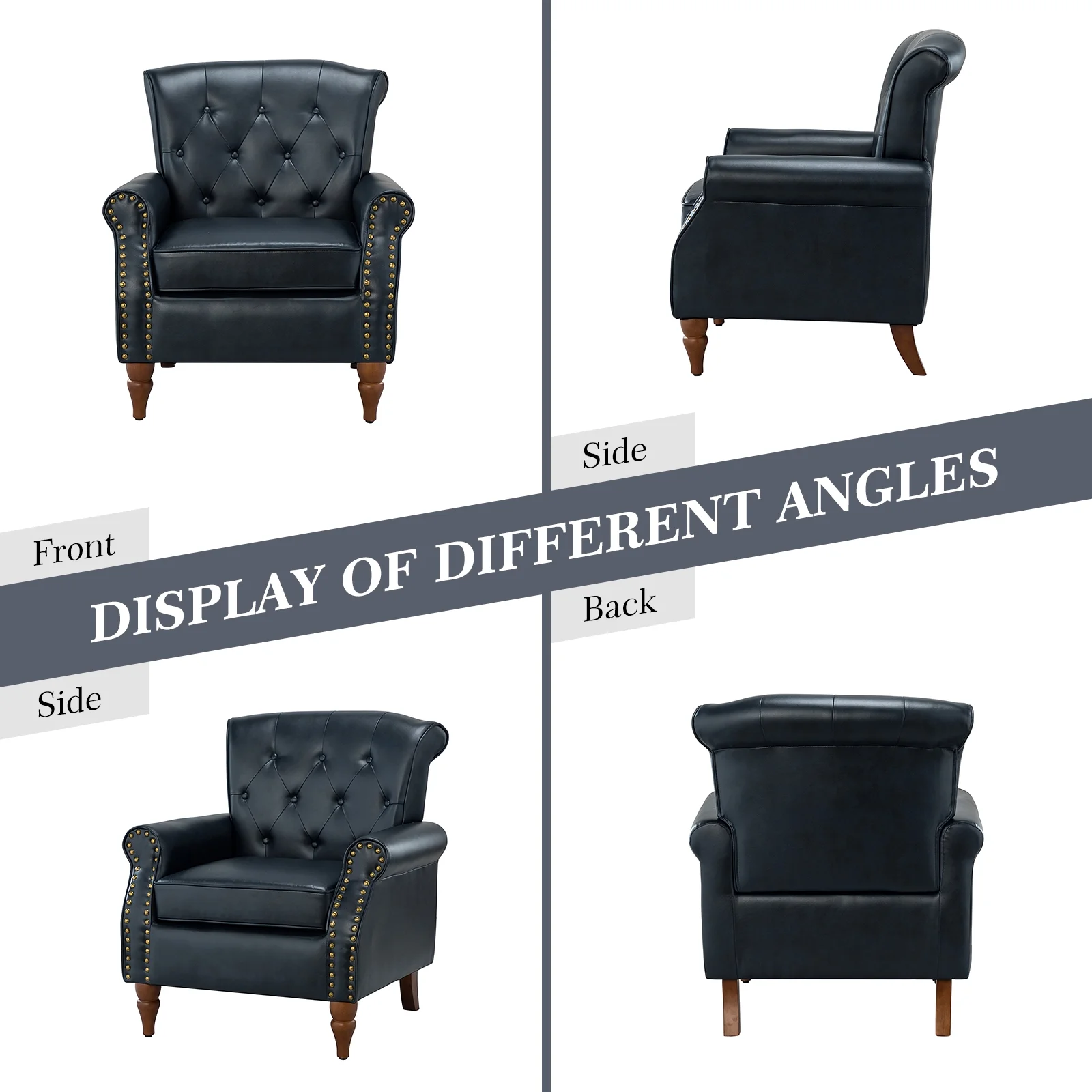 Mid-Century Accent Armchair Wingback with Wooden Tapered Legs & Upholstered Cushion for Home Living Room, Navy