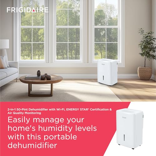 Frigidaire 50-Pint Portable Dehumidifier with Wi-Fi and Energy Star Certification for Medium/Large Rooms & Basements, Custom Humidity Control, Auto Shut Off, White