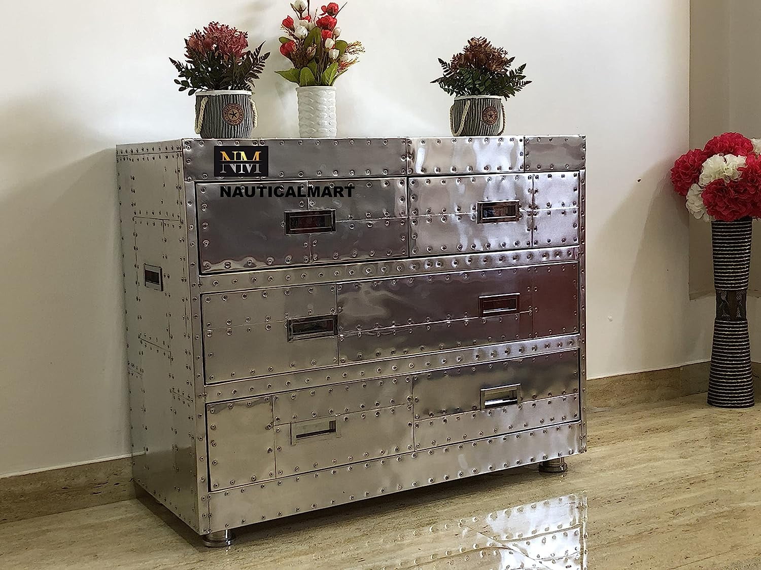 Nautical-Mart Aviator Spitfire 4 Drawer Chest Aluminum Mid Century Modern Classic Home Furniture End Table (42 Inches)