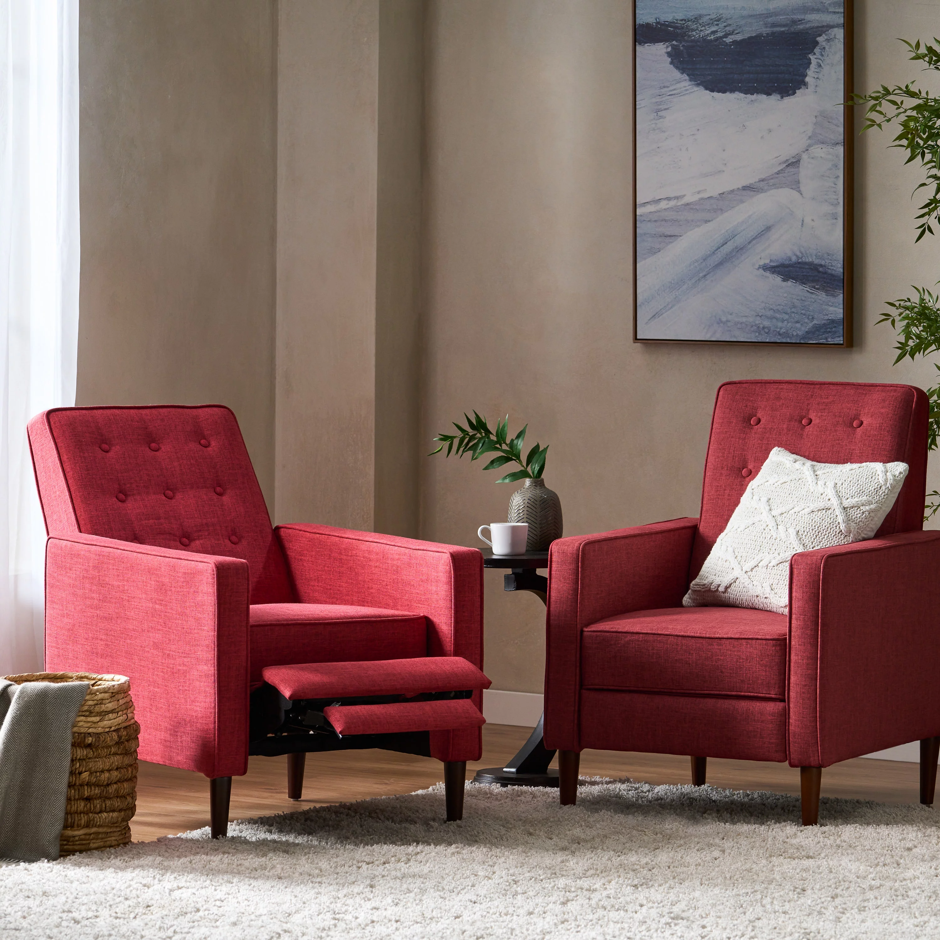 GDF Studio Mason Mid Century Modern Tufted Pushback Recliners, Set of 2, Red and Dark Espresso