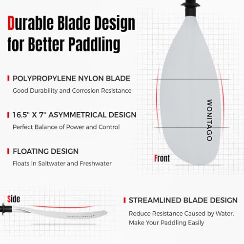 Kayak Paddle with Fiberglass Shaft and Reinforced Nylon Blade, Adjustable Kayaking Oars, 3 Piece, 230-250 cm/90-98 inches, 210-230 cm/82-90 inches