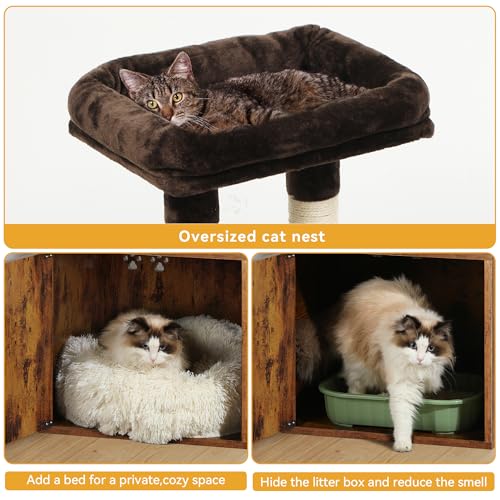 YITAHOME Modern Cat Tree with Litter Box Enclosure, Combo Endtable and Large Cat Tower with Basket, 4-in-1 Litter Box Furniture Hidden and Scratching Post for Large Cats