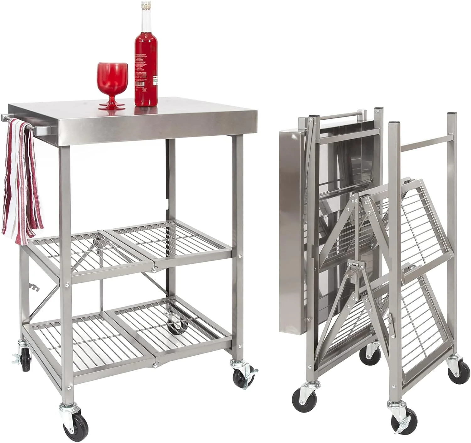 Stainless Steel Table With Wheels, 3-Tier Foldable Rolling Cart Made Of -Grade Metal - Stainless Steel Kitchen Island Design For Chefs Food Prep
