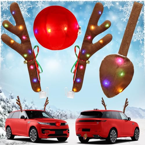 Charming Christmas Car Decoration, Festive Reindeer Car Kit,Reindeer Antlers & Nose, Christmas Lights, Nice Gift for Families & Friends, Suitable for Jeeps, Trucks, Golf Carts...