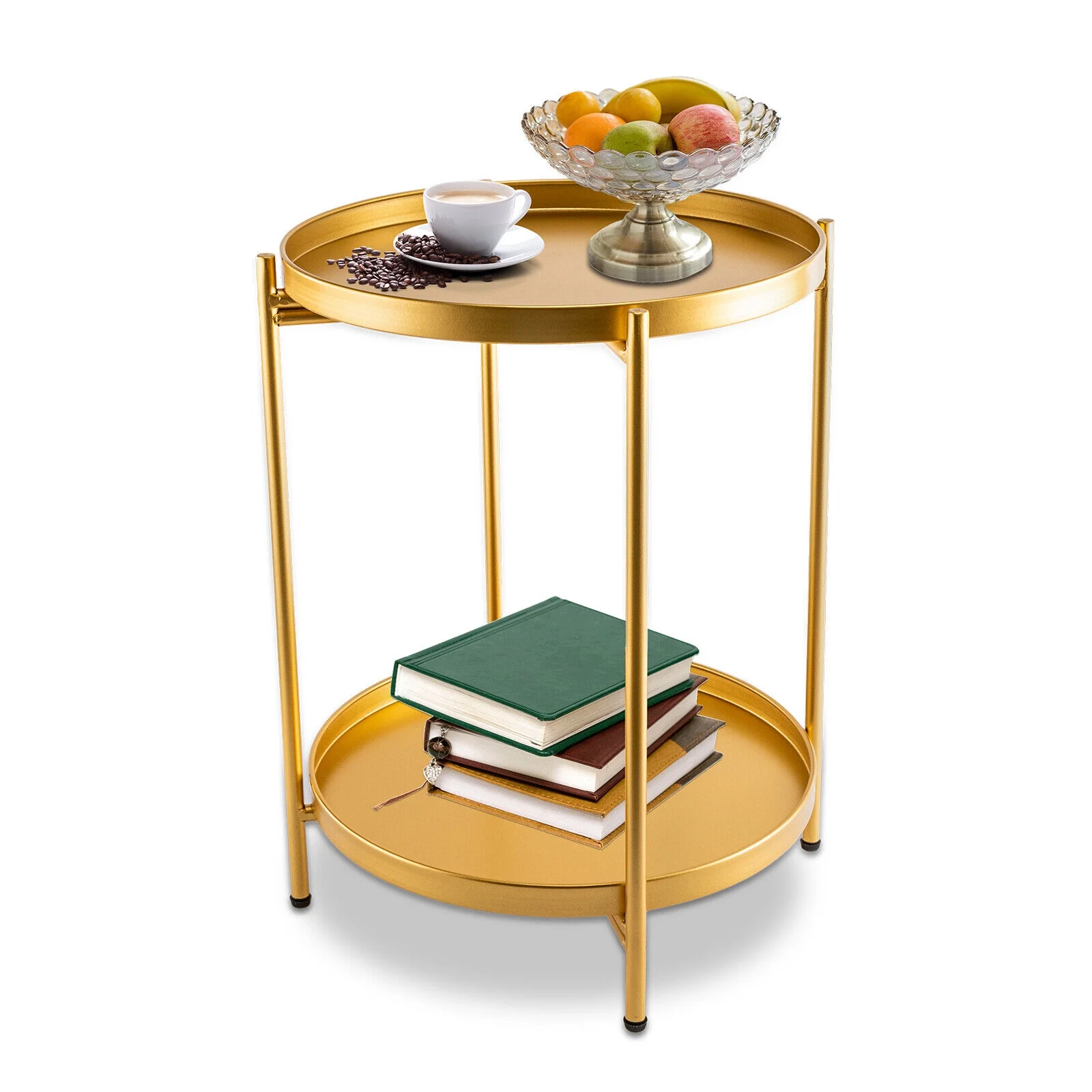 2-Tier Metal Round End Table Outdoor Side Table with Removable Tray Small Folding Accent Table, Anti-Rust Gold Nightstand