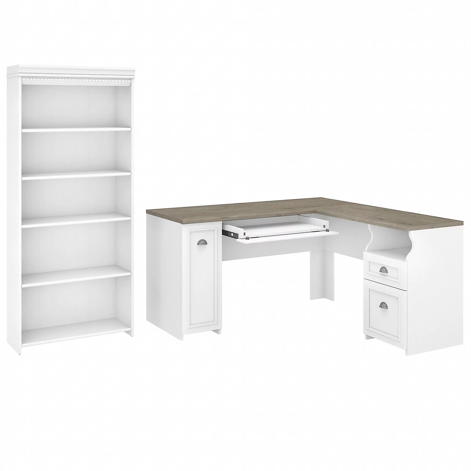 Fairview 60W L Shaped Desk with Bookcase in White and Gray - Engineered Wood