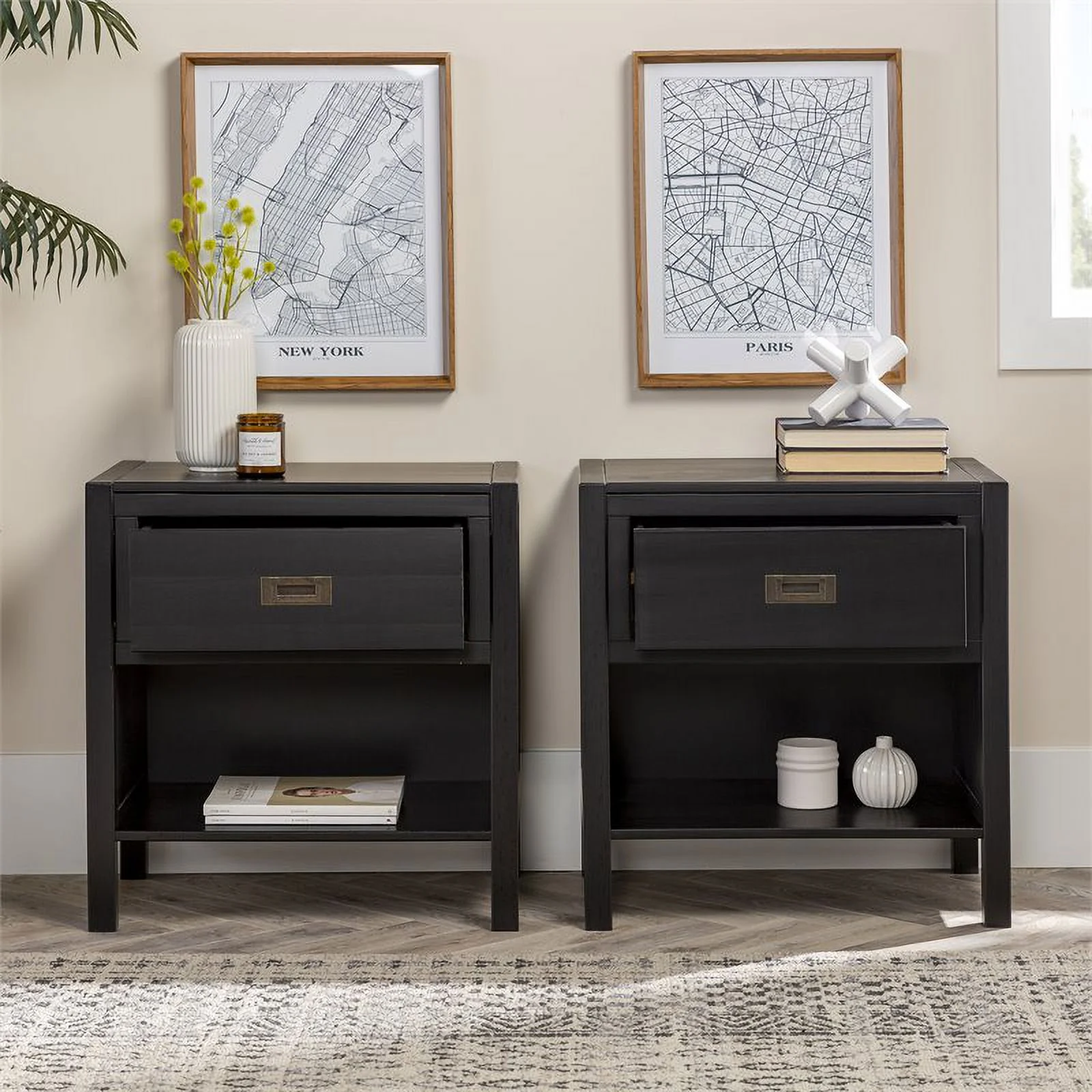 Lydia 2-Piece 1-Drawer Classic Solid Wood Bedroom Nightstand Set in Black