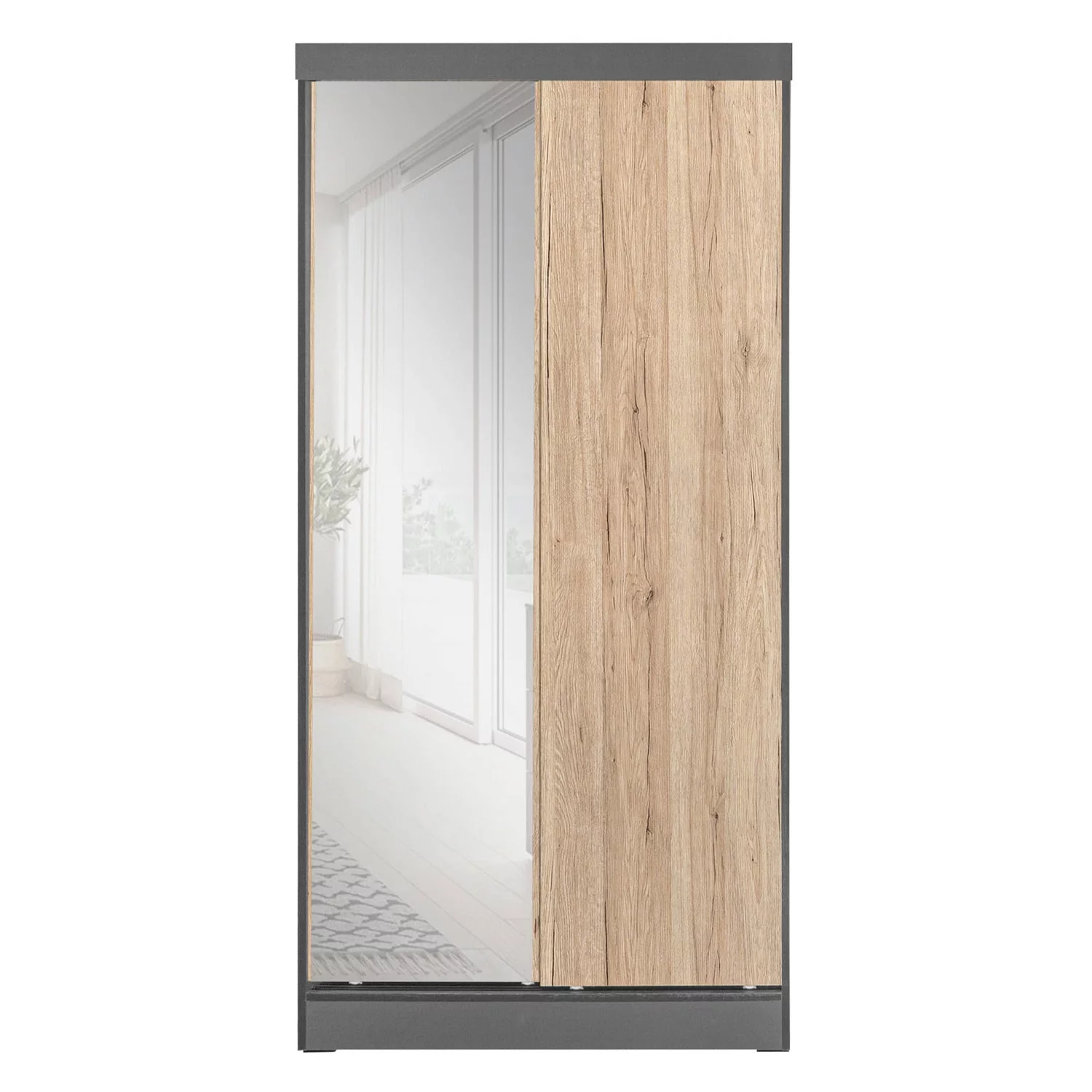 Better Home Products Mirror Wood Double Sliding Door Wardrobe Natural Oak /Gray