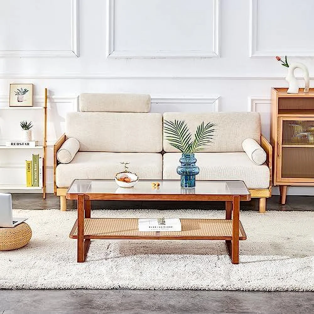 NLIBOOMLife Modern Rattan Woven Tea Table with Glass Desktop  Chinese Simple Round Double-Layer   Solid Wood Coffee Table for Dining Living Room Lounge Bedroom  Walnut