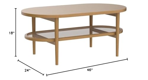 Sonia Bohemian 2-Tier Oval Coffee Table, Living Room Cane Table with Storage Shelf and Mid-Century Legs in Honey Brown Wood with Rattan Accent