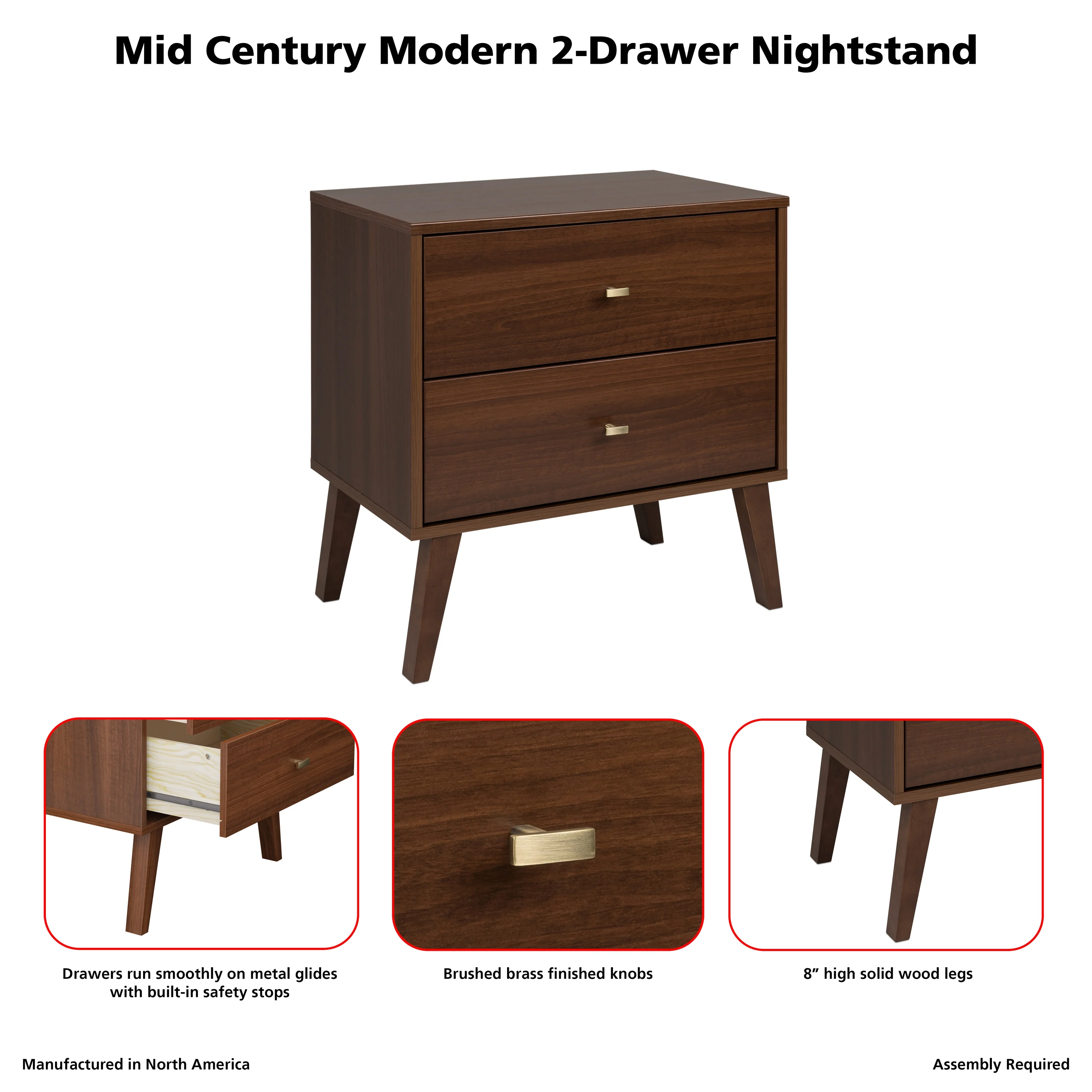 Prepac Milo Mid-Century Modern 2-Drawer Nightstand, 16