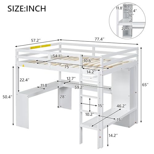 Full Size Loft Bed with L Shaped Desk, Pine Wood Loft Bed Frame with Wardrobe and Storage Shelves, Full Bed Frame with Guardrails and Ladder,No Box Spring Needed, White