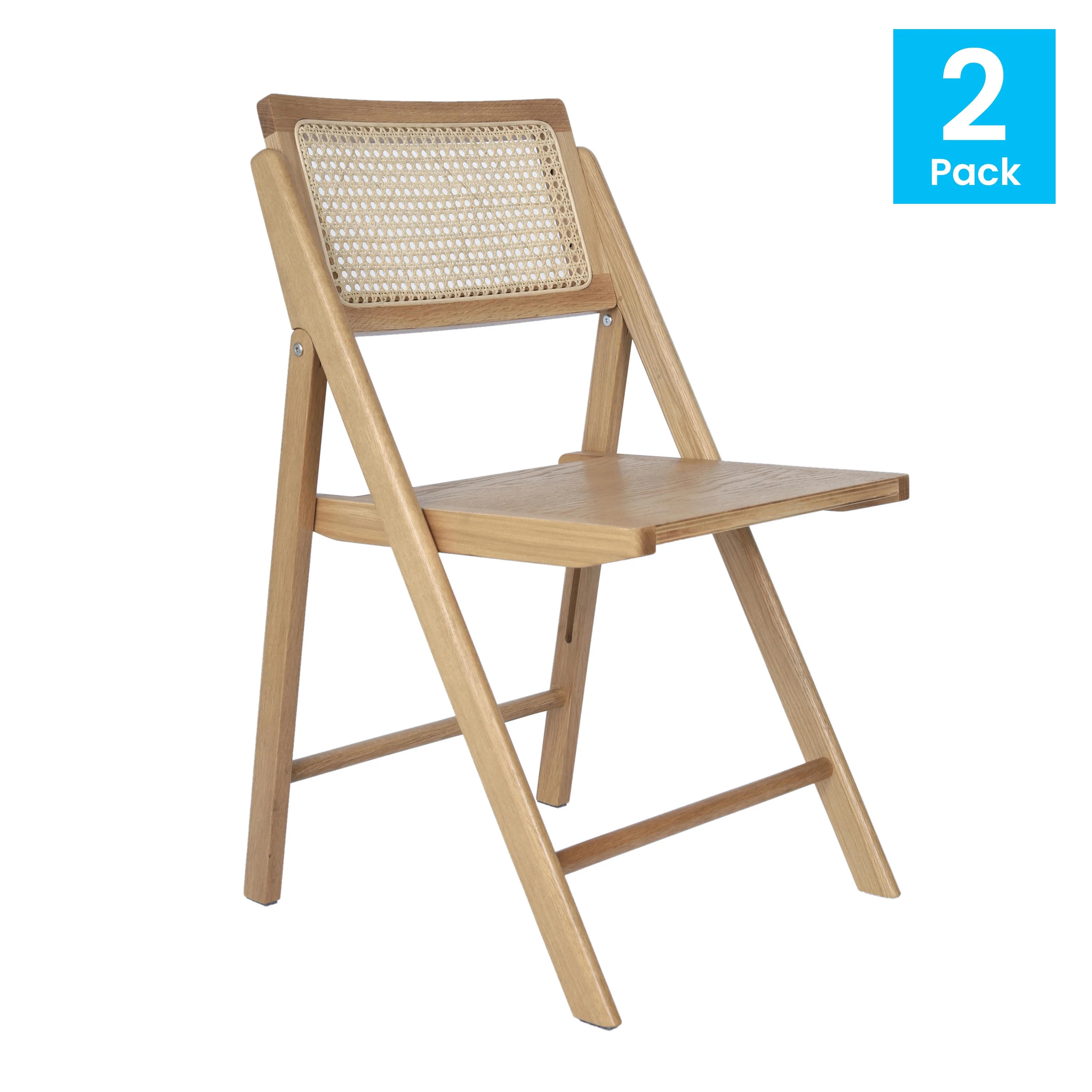 Emma + Oliver Set of 2 Cane Rattan Folding Chairs with Solid Wood Frames and Seats and Breathable Woven Rattan Backrest in Natural