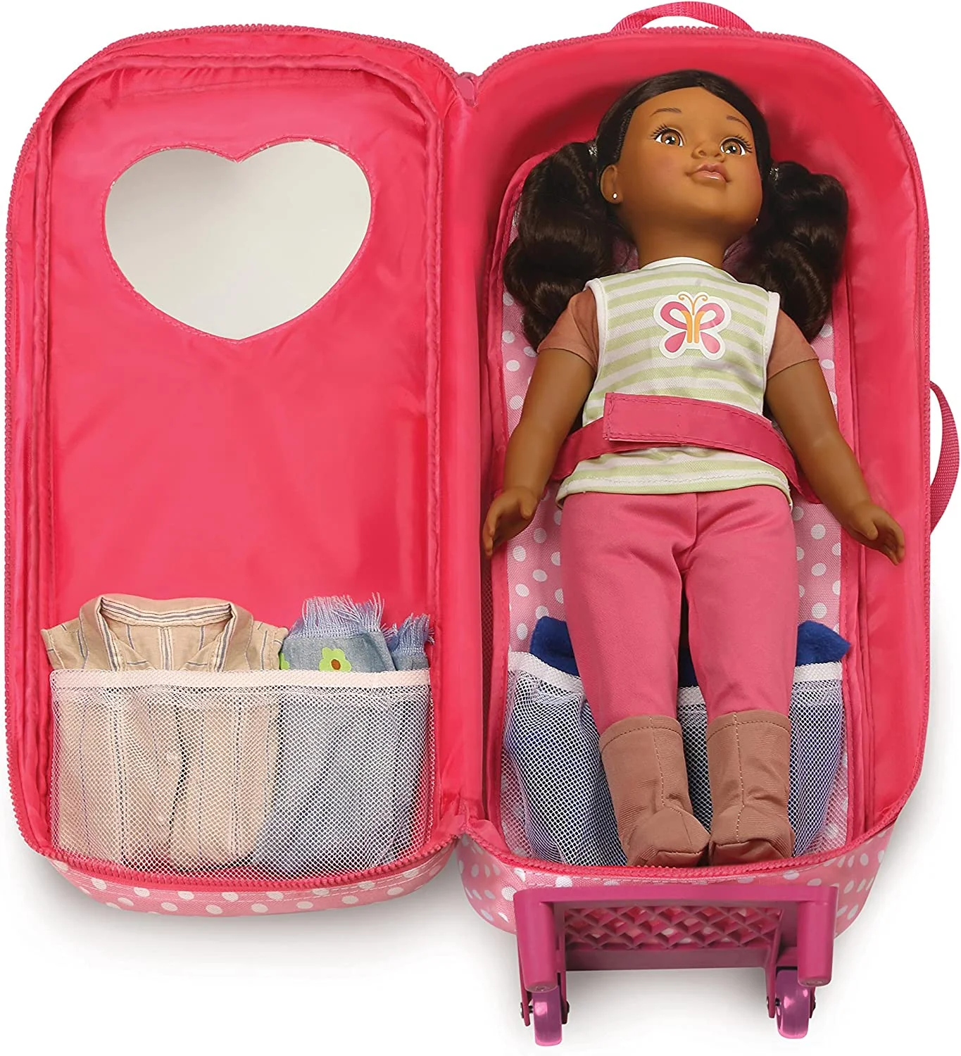 Badger Basket 3-in-1 Trolley Doll Carrier with Rocking Bed and Bedding - Pink/Polka Dot-Material:100% Polyester Fabric