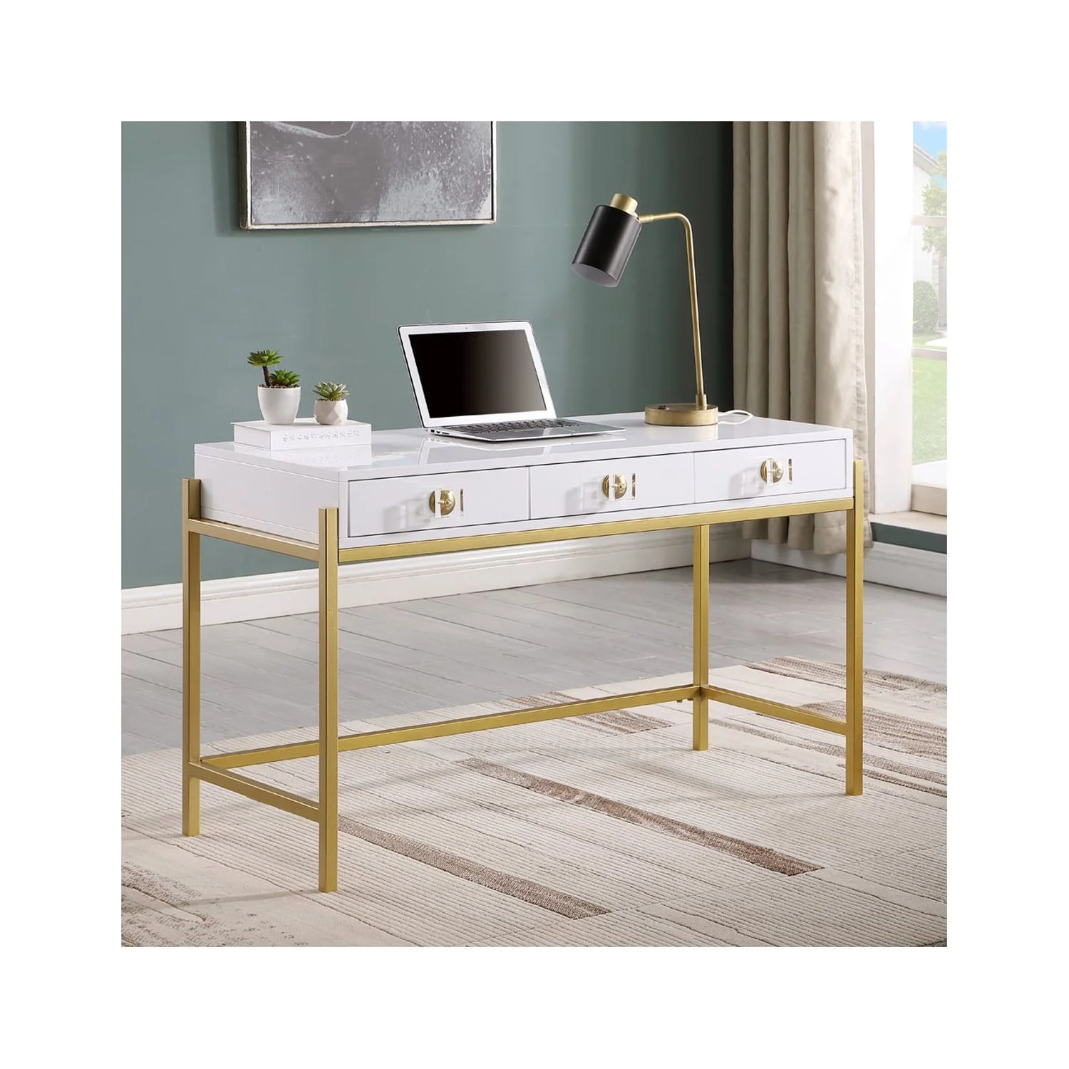 Best Master Furniture Tamila White Lacquered Computer Desk with Gold Frame
