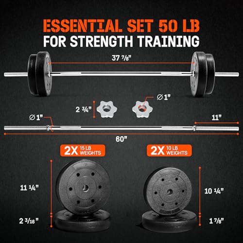 Yes4All Detachable 50 LB Barbell Weight Set, Straight Weight Bar with Diamond Knurled Handles, Weights Set for Home Gym Strength Training, Bench Press, Bicep Curls