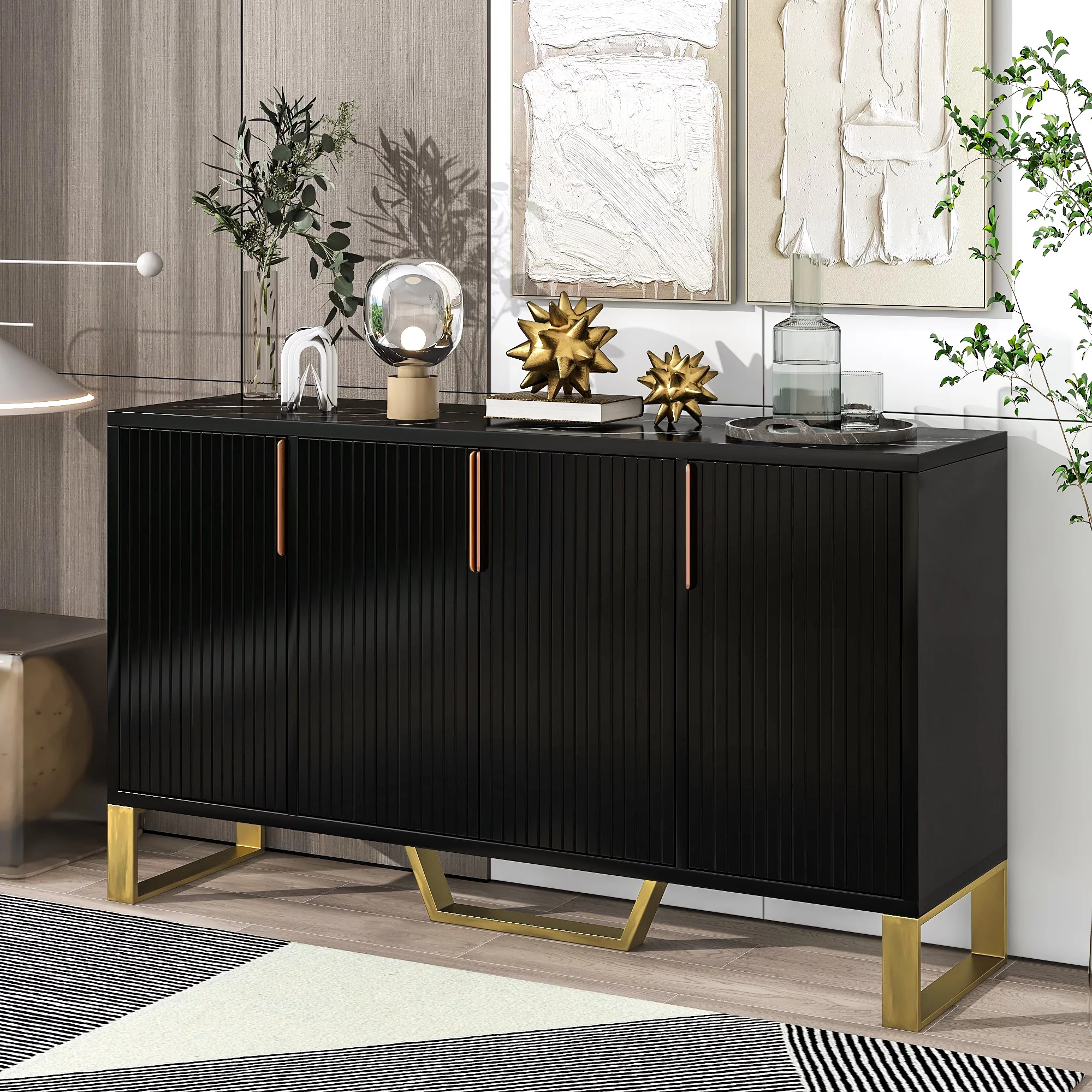 Dcenta Modern sideboard with Four Doors, Metal handles & Legs and Adjustable Shelves Kitchen Cabinet (Black)