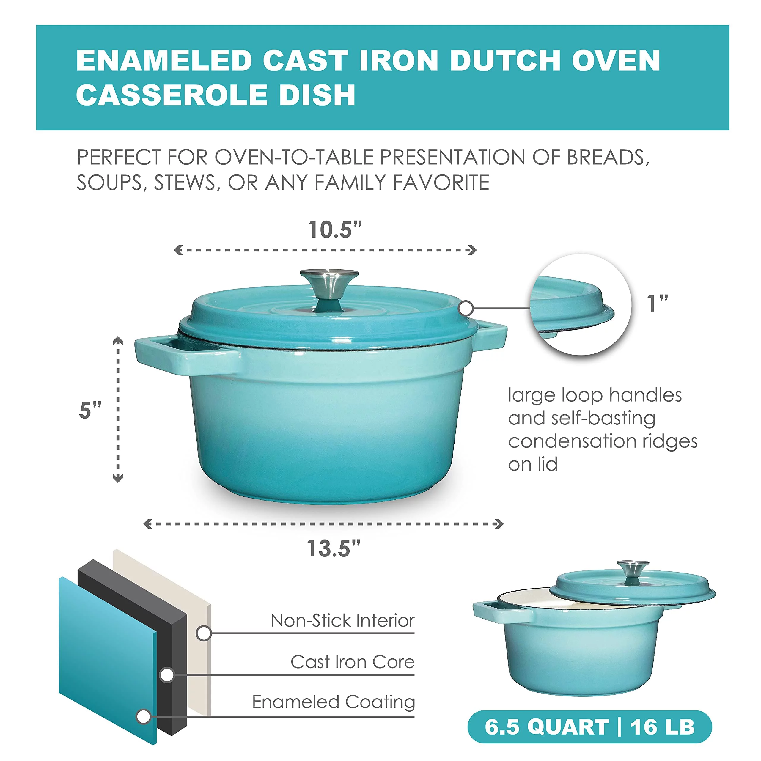 Bruntmor Pre-Seasoned 6.5 qt Enameled Cast Iron Braiser: Heavy Duty Casserole Dish with Lid and Handle, Turquoise Color - Ideal Dutch Oven Cast Iron and Enameled Cast Iron Skillet Alternative