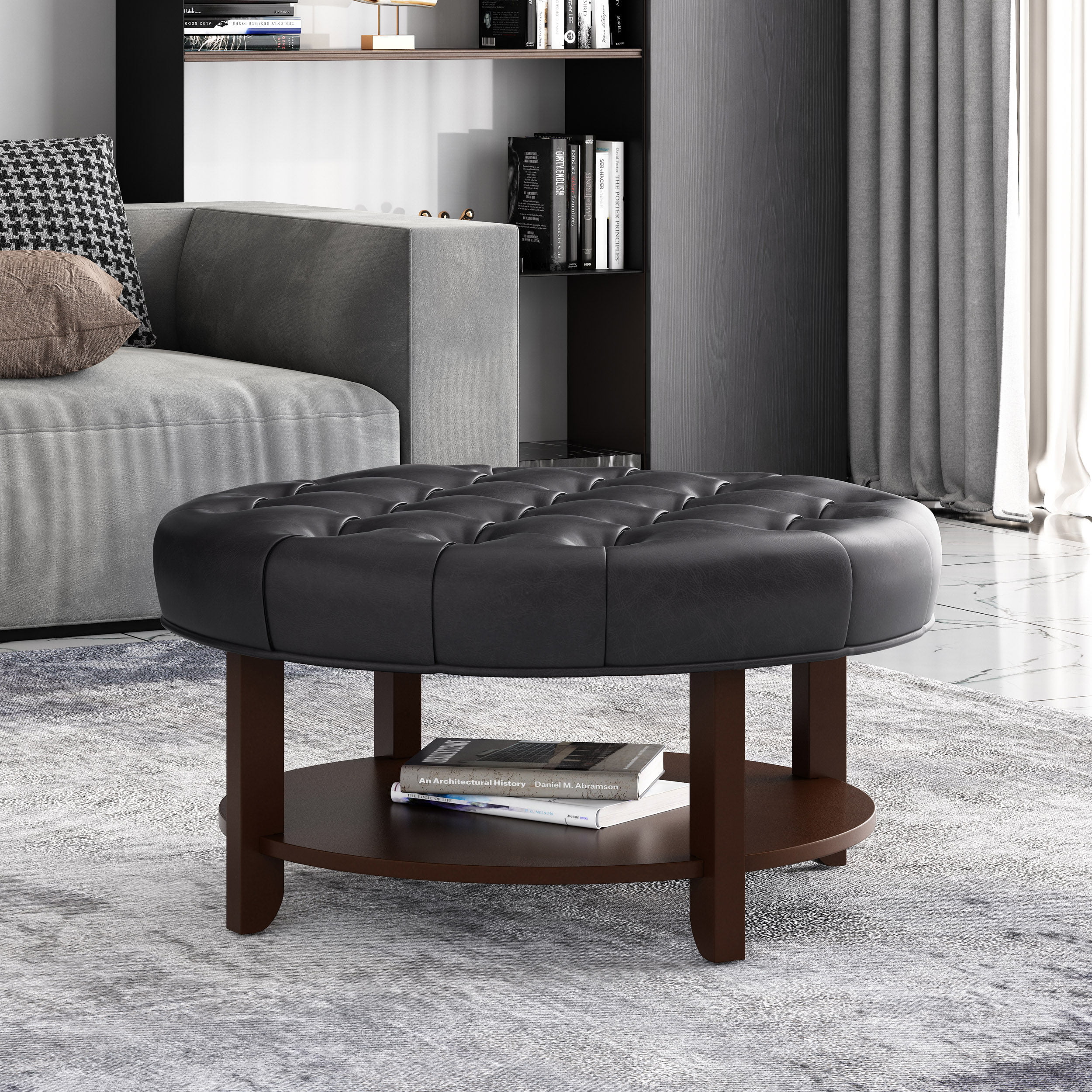 Noble House Aldrich Faux Leather and Wood Tufted Round Ottoman with Open Shelf, Midnight Black and Espresso
