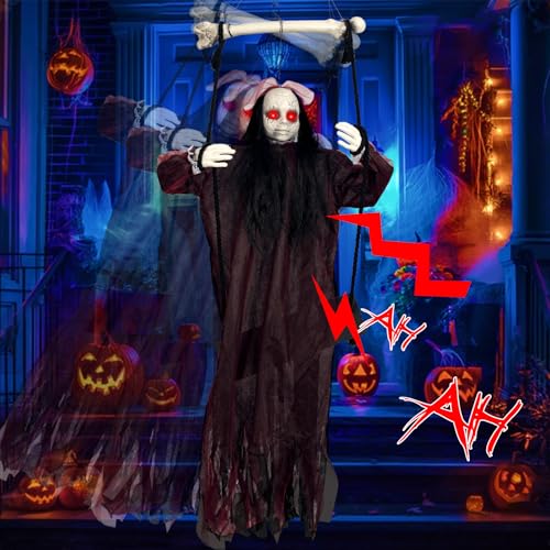 Halloween Decorations, Hanging Swing Ghost with Voice Activated, Creepy Sound/Light Up Eyes, Halloween Animatronics Spooky Haunted House Holiday Prop for Outdoor Indoor Yard Garden Patio Trees