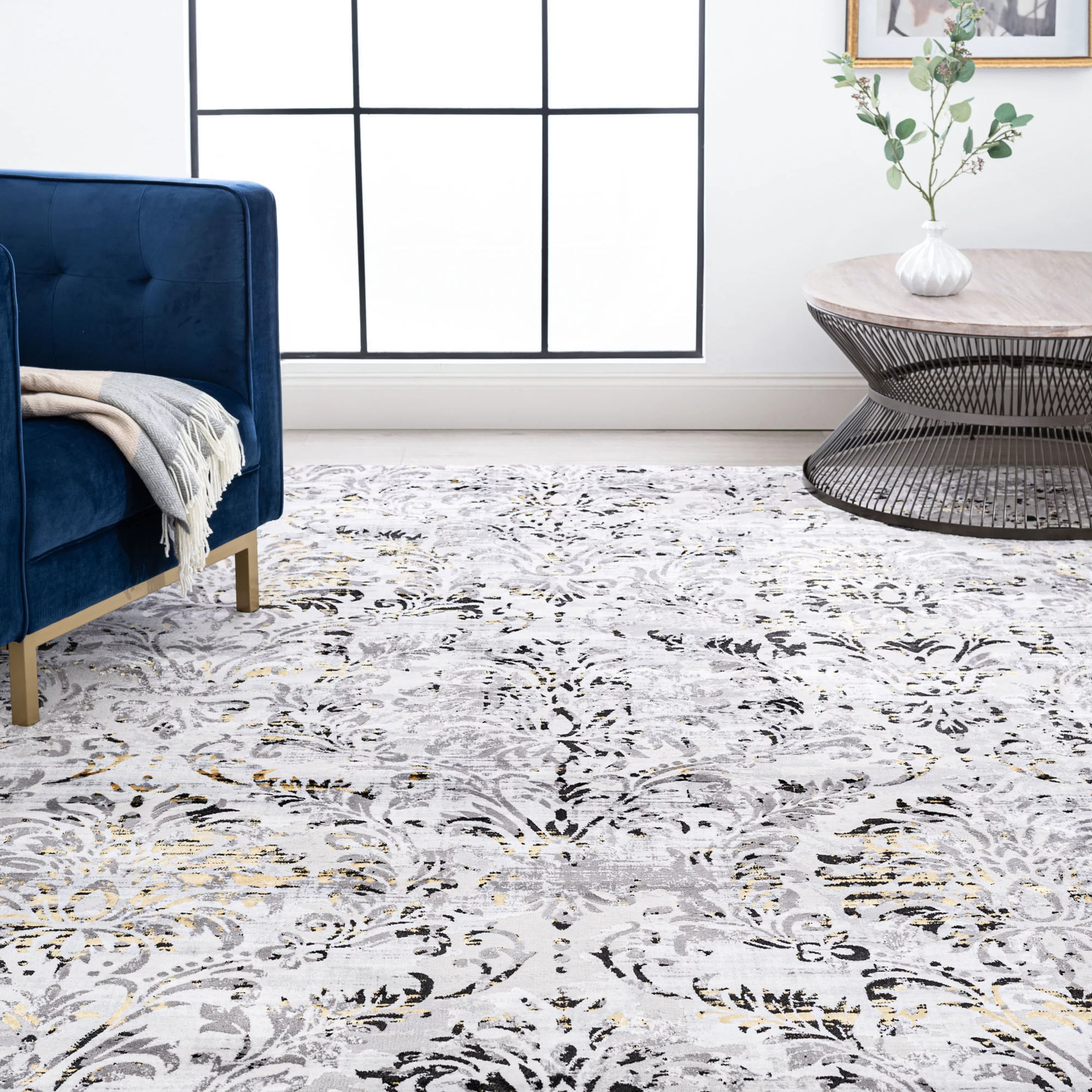 Transitional 5x7 Area Rug (5'3'' x 7'3'') Damask Yellow, Gray Living Room Easy to Clean