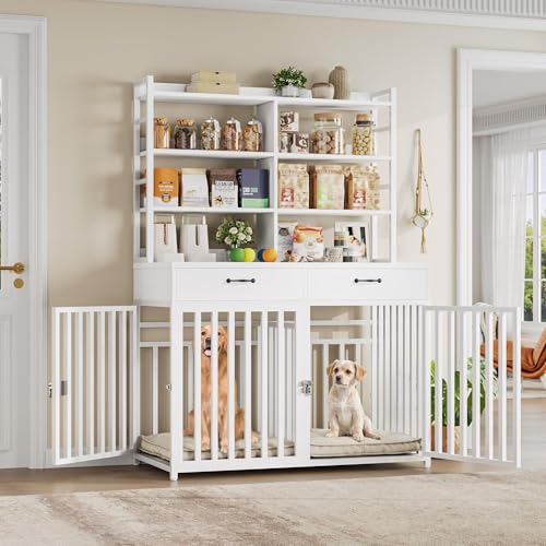 Keyluv 71''H x 47.2''W Large Dog Crate Furniture with 4-Tier Shelves and 2 Storage Drawers, Heavy Duty Dog Cage Furniture with 2 Doors, Wood & Metal Dog Kennel Indoor for Small/Medium/Large Dog, Black