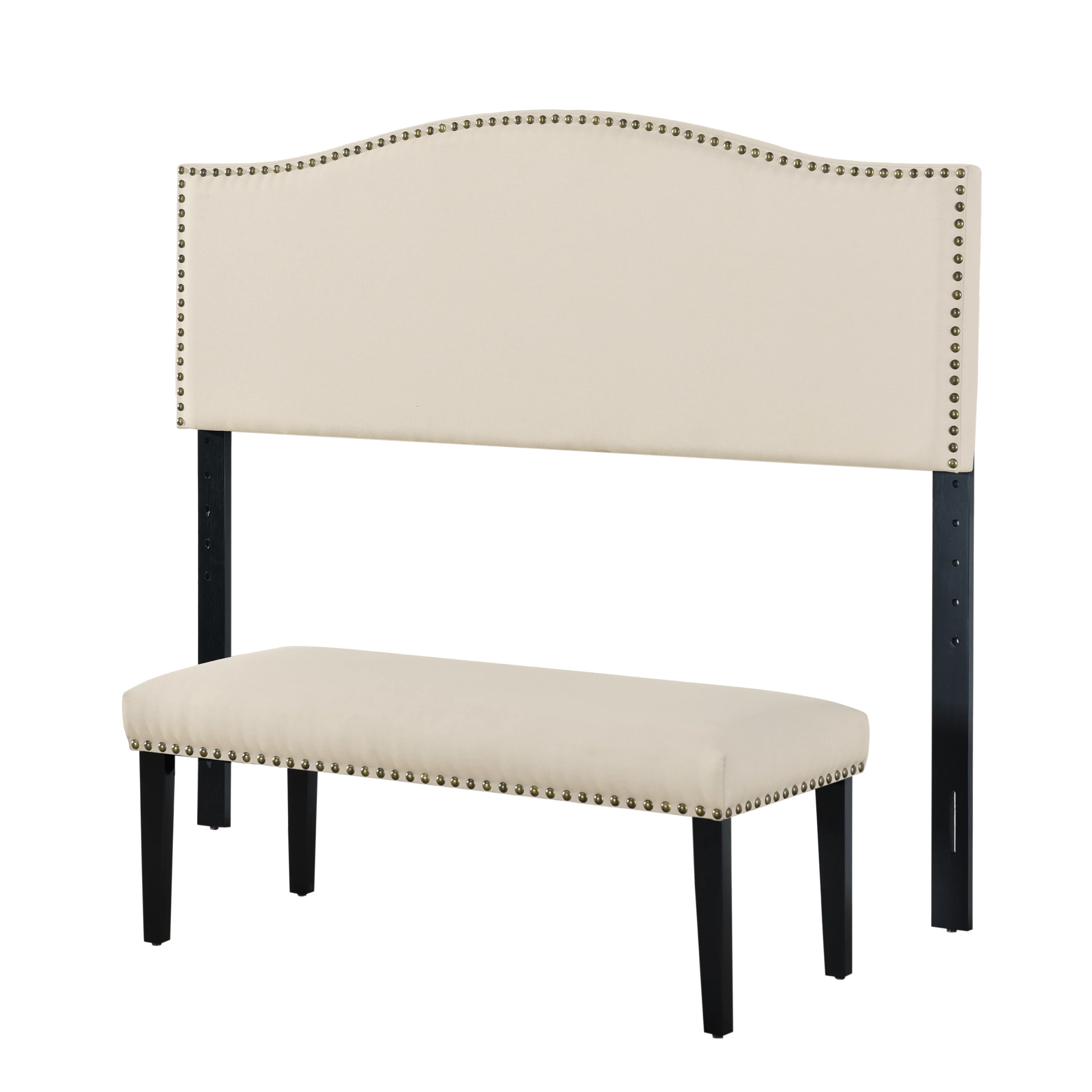 Nailhead Trim Headboard and Bench Set in Linen Fabric