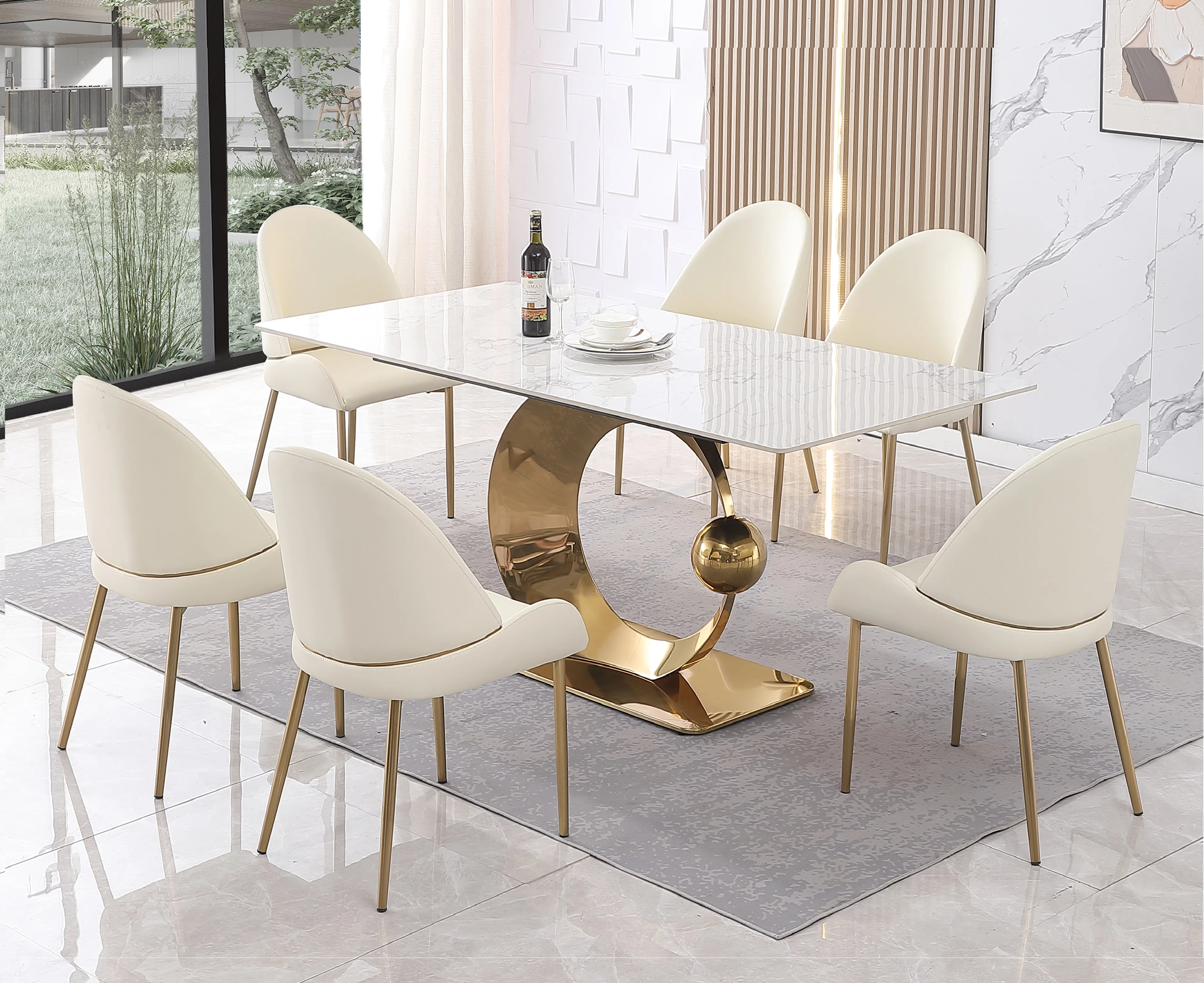 Montary Brand Modern 71-Inch Stone Dining Rectangle Table with Carrara White color and Round  Moon Shape Carbon Steel Pedestal Base