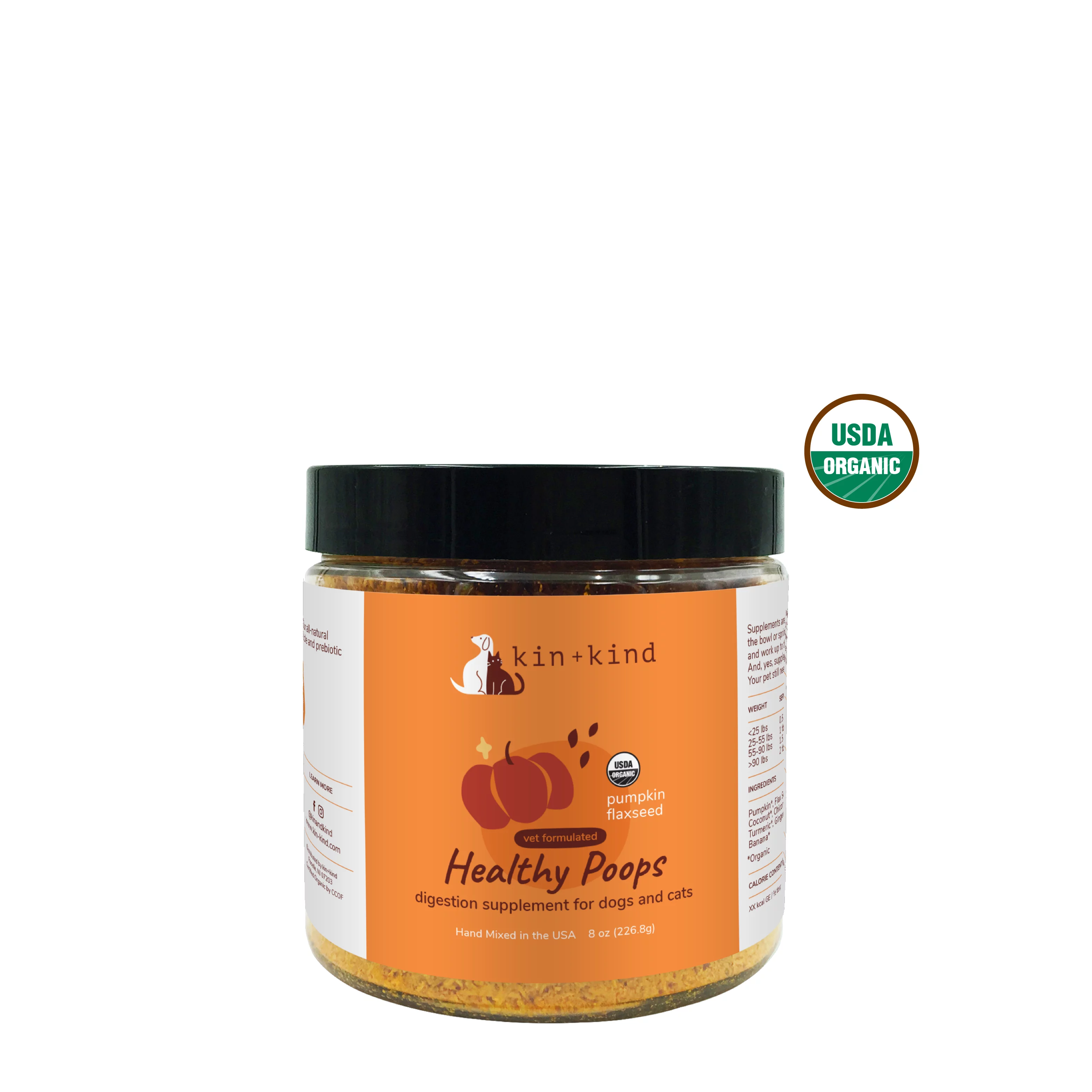kin+kind Organic Pumpkin Powder for Dogs & Cats for Healthy Poop - Natural Cat/Dog Pumpkin Powder Formula w/ Flax Seed, Ginger, Turmeric & Coconut - Cat/Dog Nutritional Supplement Made in USA (8 Oz)