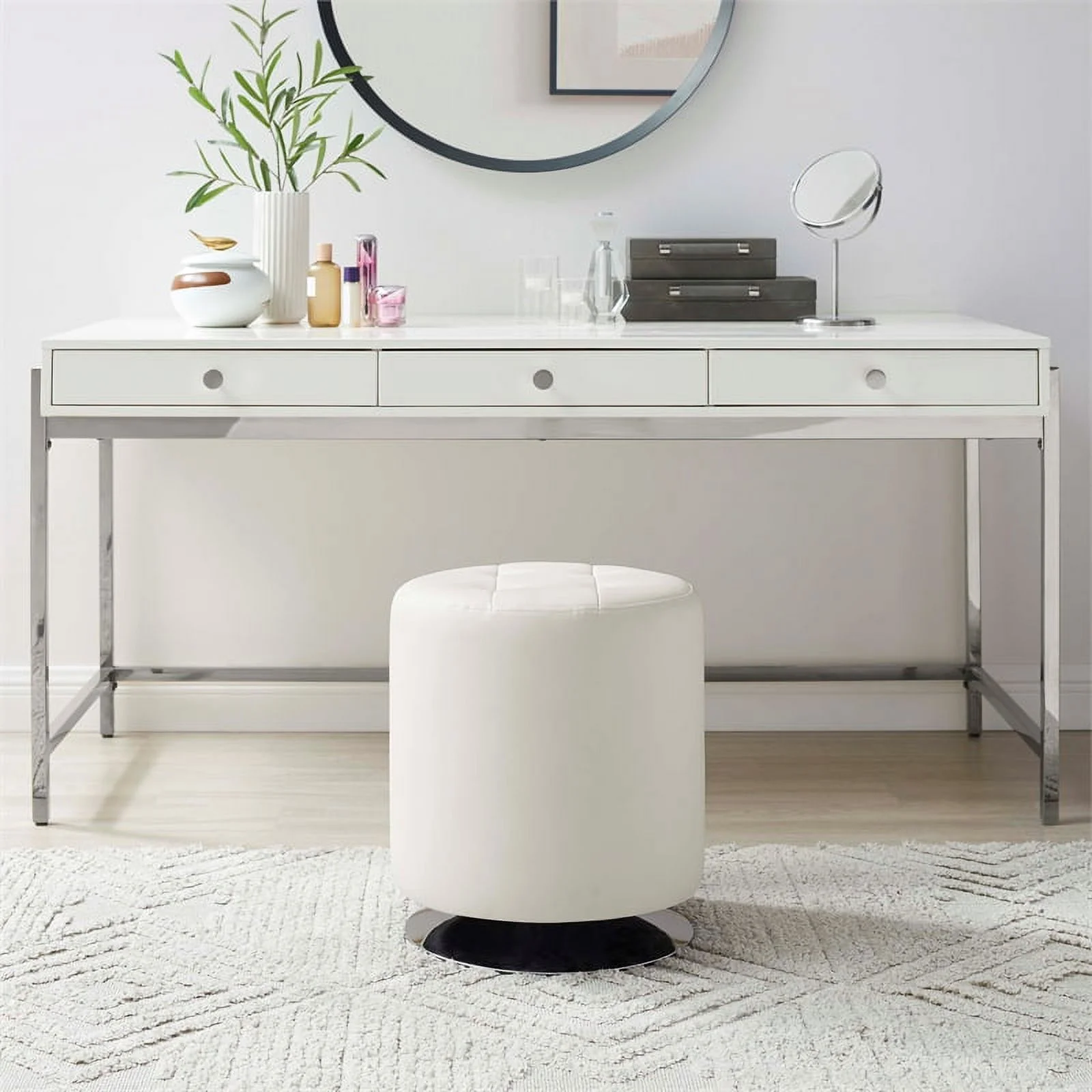 Bowery Hill Modern Round Faux Leather Swivel Ottoman in White