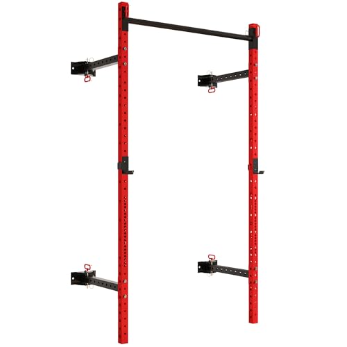 Soozier Wall Mounted Folding Squat Rack with Pull Up Bar, 1000 Pounds Capacity Power Rack, Adjustable Barbell Rack with J Hooks for Home Gym Full Body Workout, Red