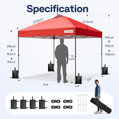 VIVOHOME 10x10ft Pop Up Canopy Tent One Push Setup Outdoor Portable Shelter Tent Heavy Duty with Wheel Carry Bag and 4 Sandbags, White