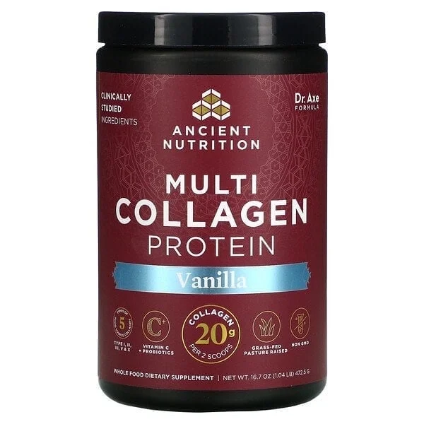 Dr. Axe / Ancient Nutrition, Multi Collagen Protein, Vanilla, 1.04 lb (472.5 g) Pack of 4