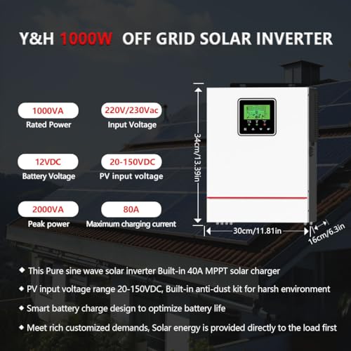 Y&H 2200W Solar Hybrid Inverter DC12V to AC230V,Off-Grid Pure Sine Wave Inverter with 80A MPPT Solar Charger+AC Charger,Max PV 2000W DC55-450V Input,fit for 12V Lead-Acid/Lithium Battery