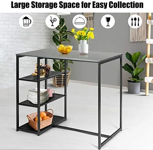 KHBIULIFE 3-Piece Dining Set  Compact 2 Chairs and Table Set  Kitchen Set with Rectangular Faux Marble  3 Metal  Shelves  Fashionable Simple Style  Kitchen Counter Height Table Set (Black